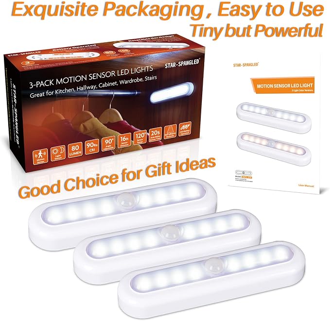 STAR-SPANGLED 3 Pack 7” Motion Sensor Lights Indoor Battery Operated, Stick on - Image 7
