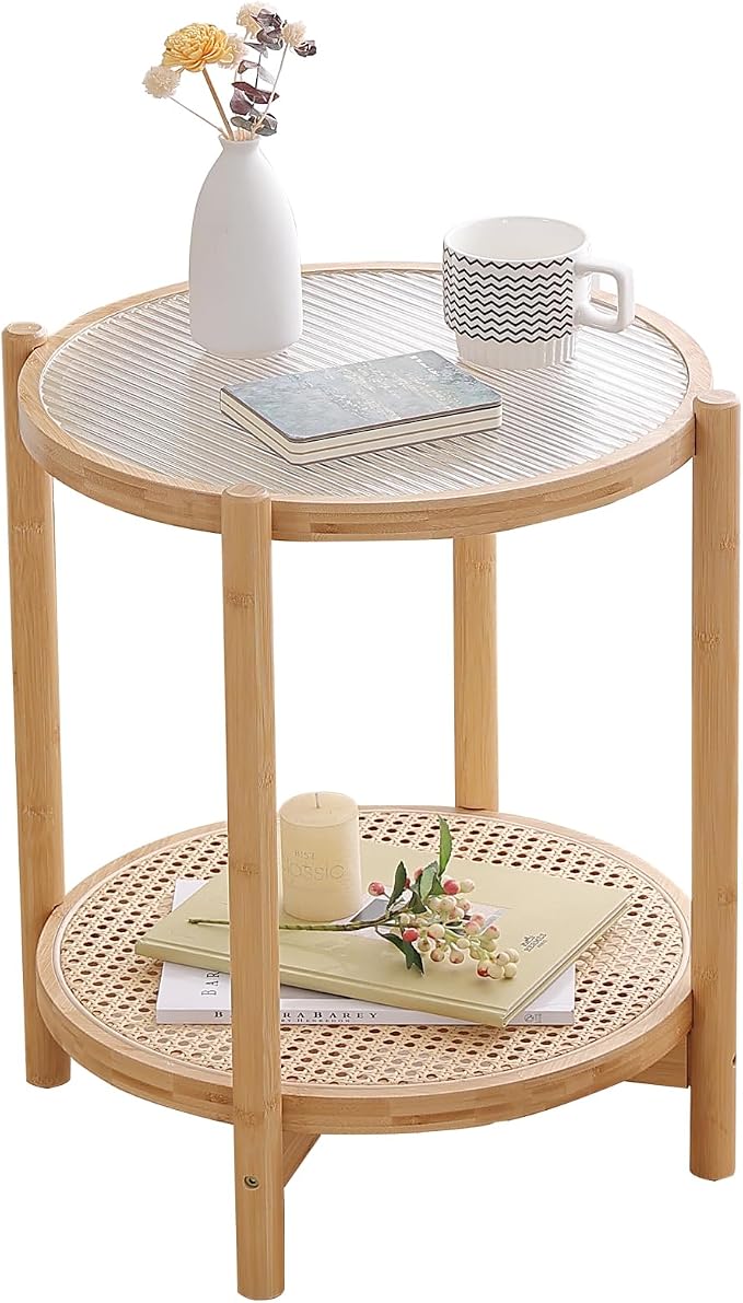Tiita Rattan Nightstand Side Table, Bamboo Accent Bedside Tables, Glass Coffee by TiitaHome