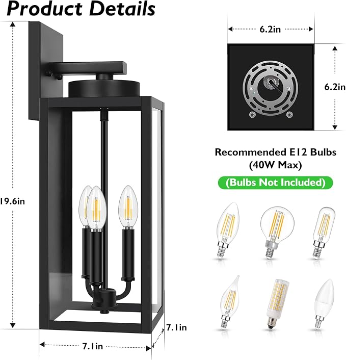 BesLowe 19.6” Large Size Outdoor Wall Light Fixture, 3-Light Exterior Lighting - Image 5