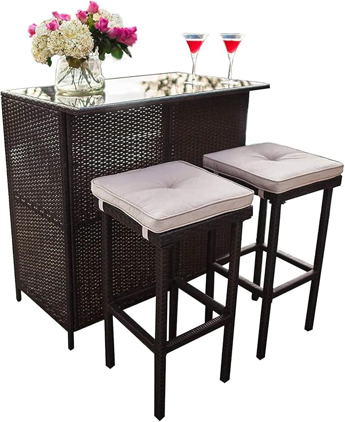 Outdoor Bar Set 3-Piece Brown Wicker Patio Furniture by OckcloudPatioFurniture