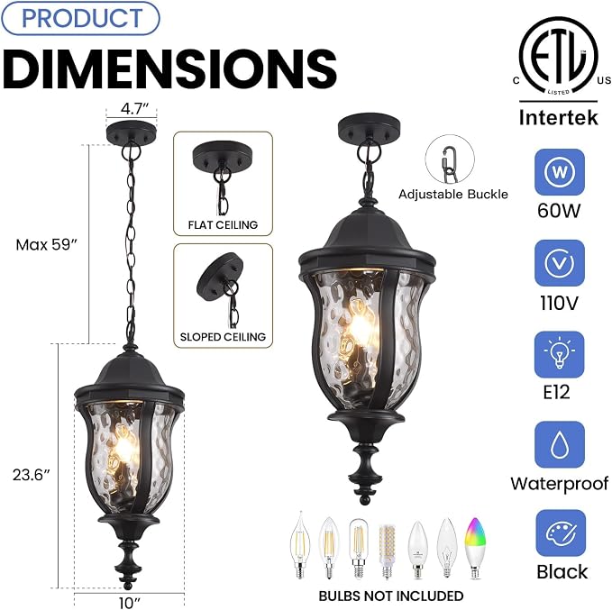 Large Outdoor Pendant Light Fixtures, 23.6'' Exterior Hanging Lantern Porch - Image 4