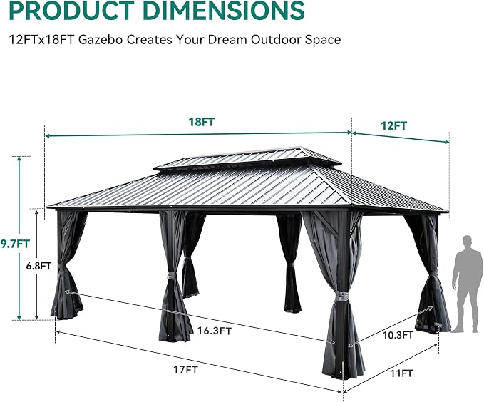 YITAHOME 12X18FT Metal Hardtop Gazebo Double Roof Canopy Galvanized Iron - Image 8