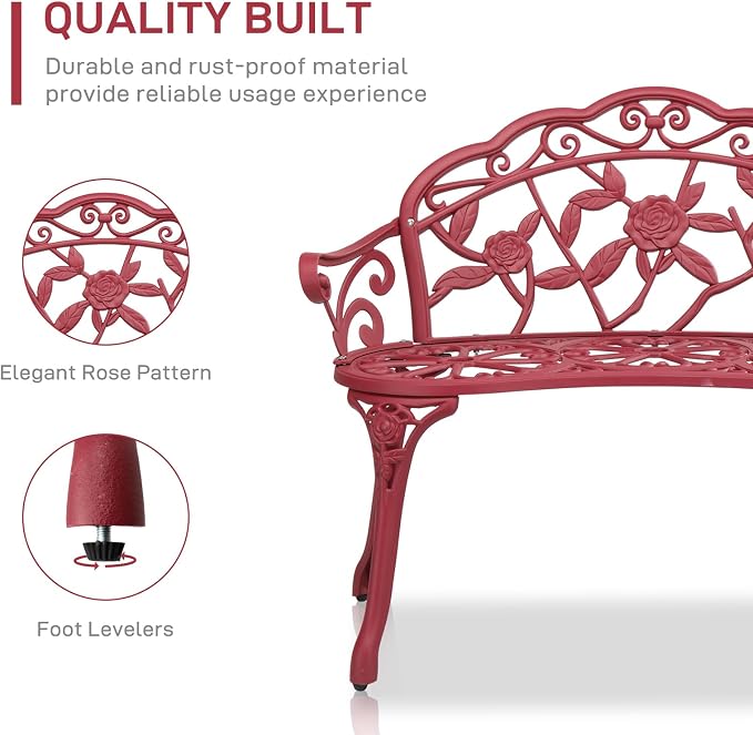 VINGLI 38.5" Patio Park Garden Outdoor Metal Rose Bench, 2-Person Cast Iron - Image 5