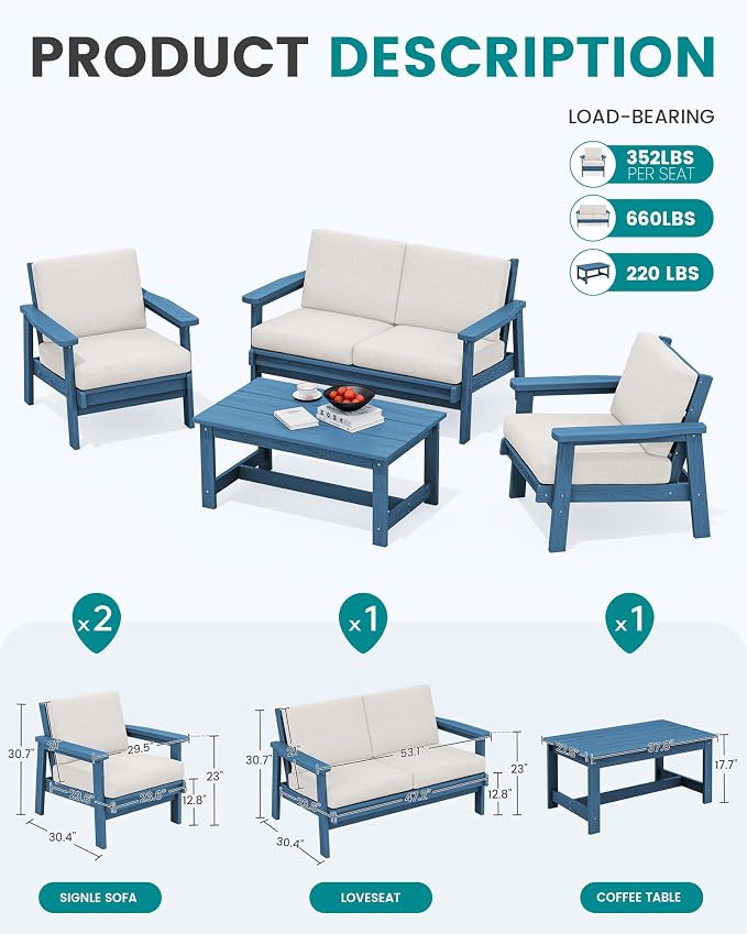 SERWALL 4 Piece HDPE Outdoor Furniture Set, All Weather Wood-Like Outdoor Sofa - Image 2