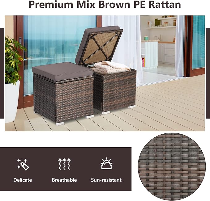 Tangkula 2 Pieces Patio Ottomans, Patiojoy Hand-Woven PE Rattan Side Table - Image 7