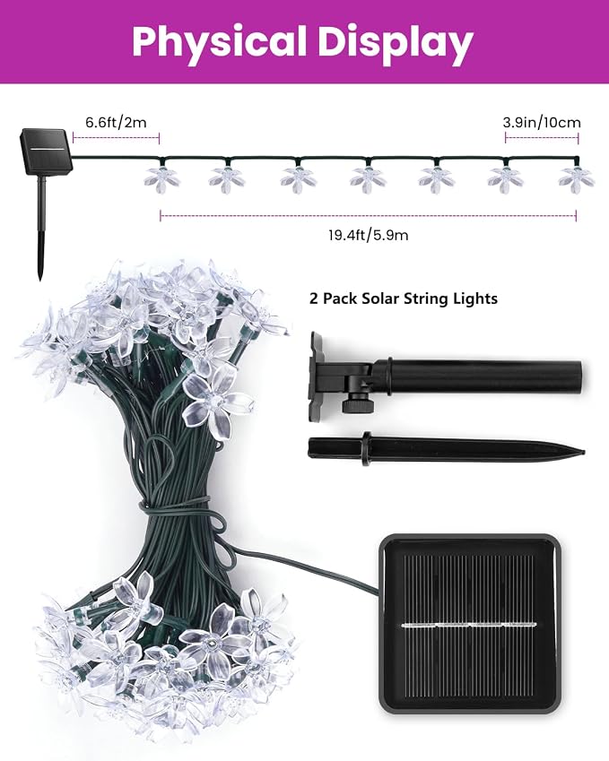 Brightown 2 Pack Total 52FT 120 LED Flower Solar String Lights Outdoor - Image 3
