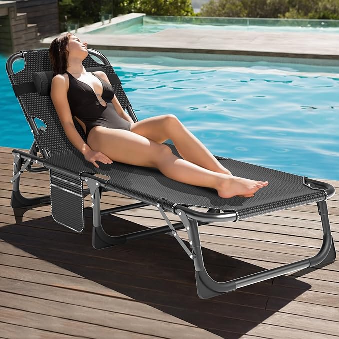 MOPHOTO Folding Chaise Lounge Chair 5-Position, Folding Cot, Heavy Duty Patio - Image 2