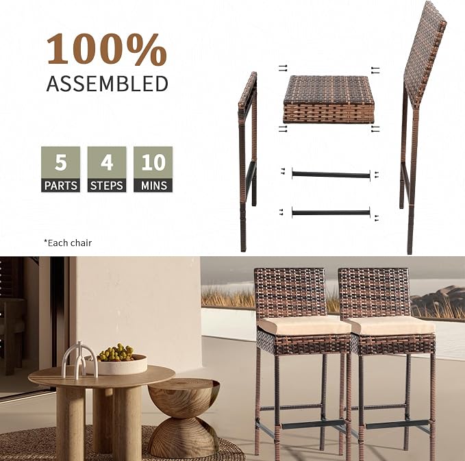 VINGLI Outdoor Wicker Bar Stool Set of 2, Patio Bar Stools w/Cushion, Bar - Image 5