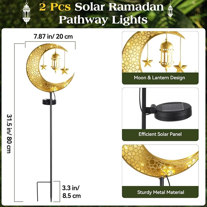 Lewondr 2Pcs Ramadan Solar Lights, Ramadan Decorations Outdoor, Metal Yard - Image 5