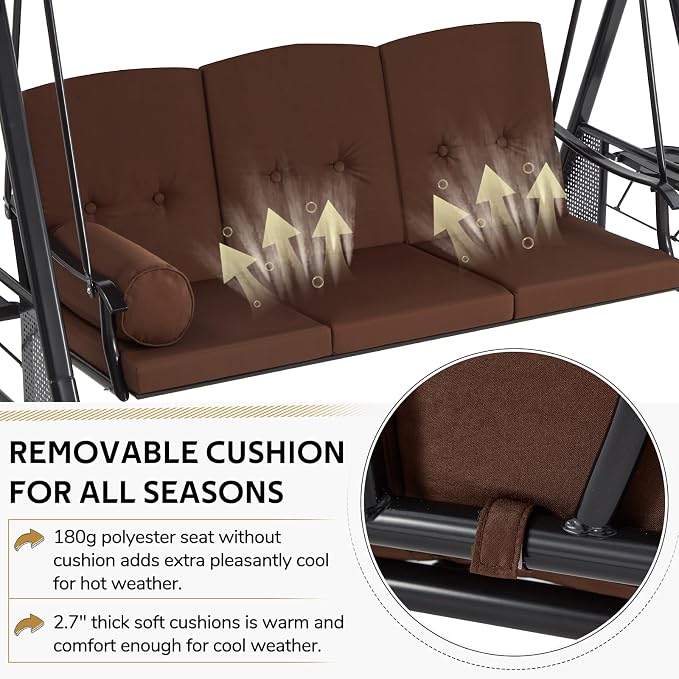 U-MAX 3-Seat Porch Swing Chair Steel Frame, Patio Swing Chair - Image 2