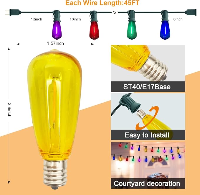 45Ft Multicolor Outdoor String Lights, ST40 Vintage Patio Lights - Image 2