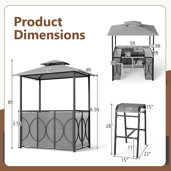 Tangkula 3-Piece Patio Bar Set, Grill Gazebo & 2 Bar Stools - Image 5