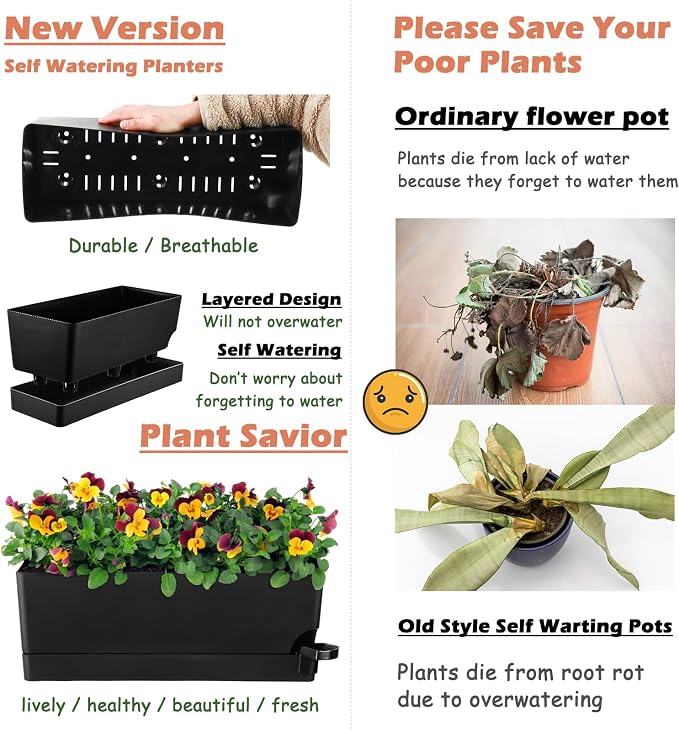 Self Watering Pots for Indoor Plants 17 Inches Window Boxes Planters - Image 7
