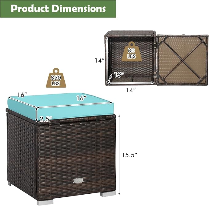 DORTALA Outdoor Storage Ottoman Wicker 2 Piece, Patio Ottomans PE Rattan Foot - Image 3