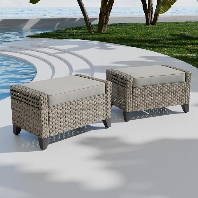 COOS BAY Modern 2 Piece Wicker Outdoor Ottomans, Patio Ottoman Foot Rest Set by COOSBAY