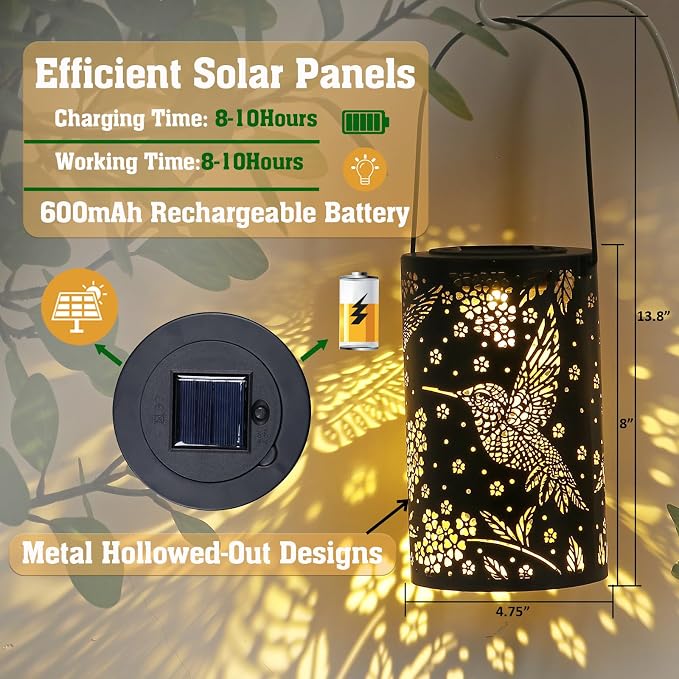 Hummingbird Solar Lantern Outdoor Hanging Waterproof LED Lights, Metal Bird - Image 2