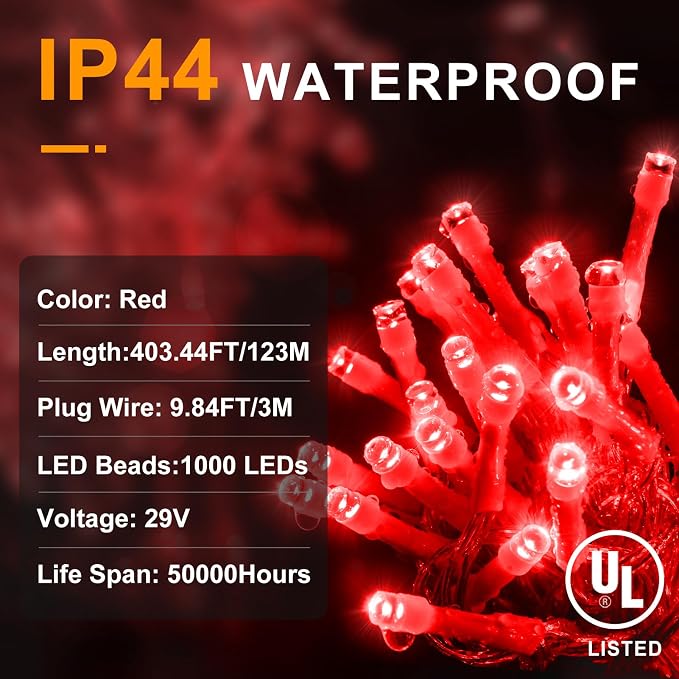 KNONEW 403ft 1000 LED String Lights Outdoor Christmas Lights 8 Modes & Timer - Image 6