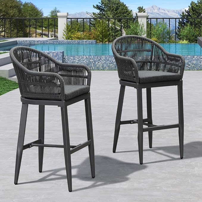 PURPLE LEAF Outdoor Bar Height Stools Set of 2 Patio Metal Modern Wicker Rattan by PURPLELEAF