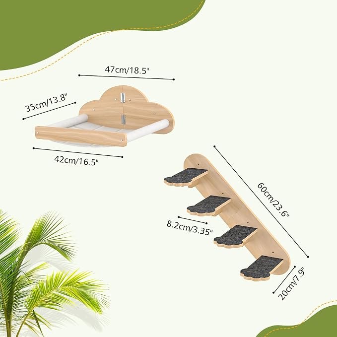 Wall Mounted Cat Hammock with 3 Climbing Steps, Pine Wood Cat Climbing Shelves - Image 2