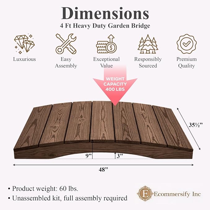 4 FT WALNUT Amish Made Pinewood Heavy Duty Garden Bridge - Image 2
