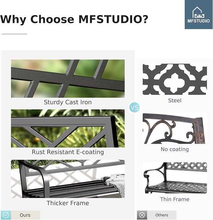 MFSTUDIO Outdoor Metal Bench Set of 2, Garden Patio 43.7 Inches Cast Iron Metal - Image 6