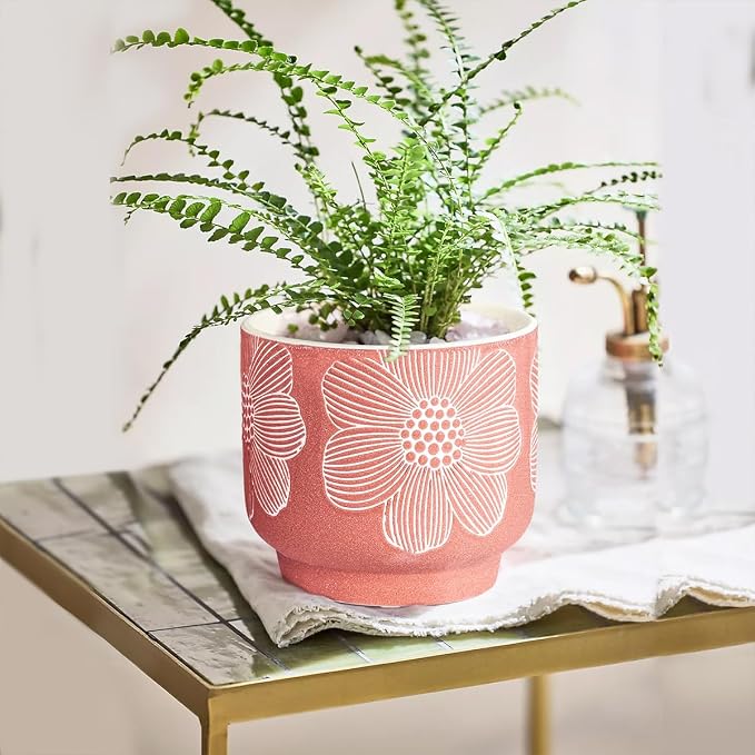 YBX 8 Inch + 6 Inch White Flower Pattern Plant Pots, Sand Glazed Ceramic Planter - Image 3