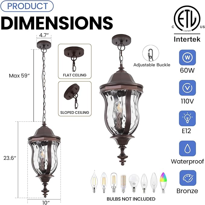 Large Outdoor Pendant Light Fixtures, 23.6'' Exterior Hanging Lantern Porch - Image 4