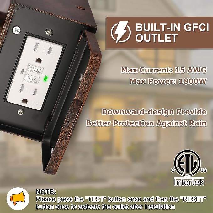 Porch Light with GFCI Outlet, Dusk to Dawn Outdoor Lighting with Aluminum Frame - Image 3