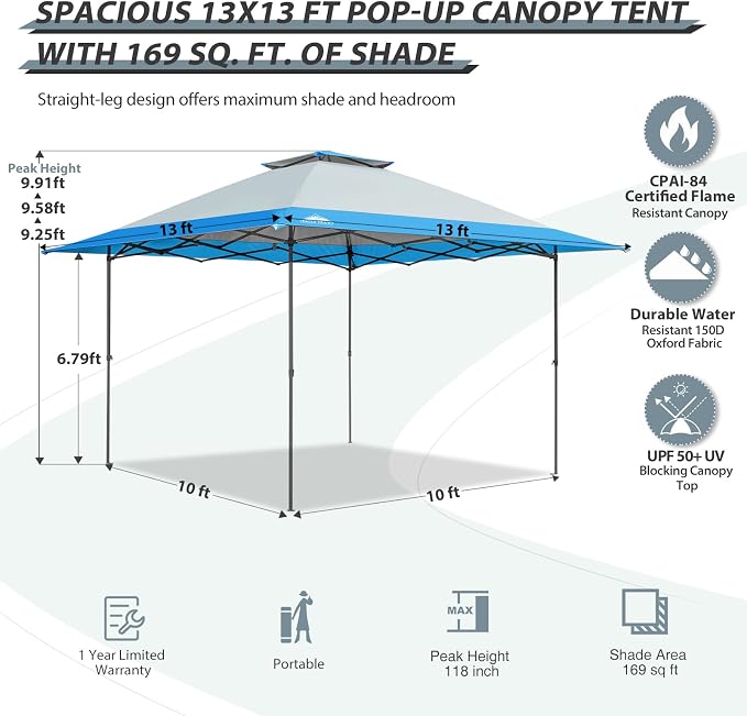 EAGLE PEAK 13x13 Straight Leg Pop Up Canopy Tent Instant Outdoor Canopy Easy - Image 3