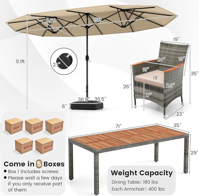 Tangkula 10 Pieces Patio Wicker Dining Set w/Double-Sided Patio Umbrella - Image 4
