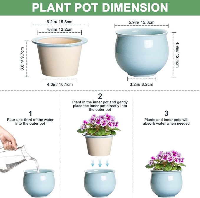 Ceramic African Violet Pots for Indoor Plants, 6 Inch Self Watering Planters - Image 2