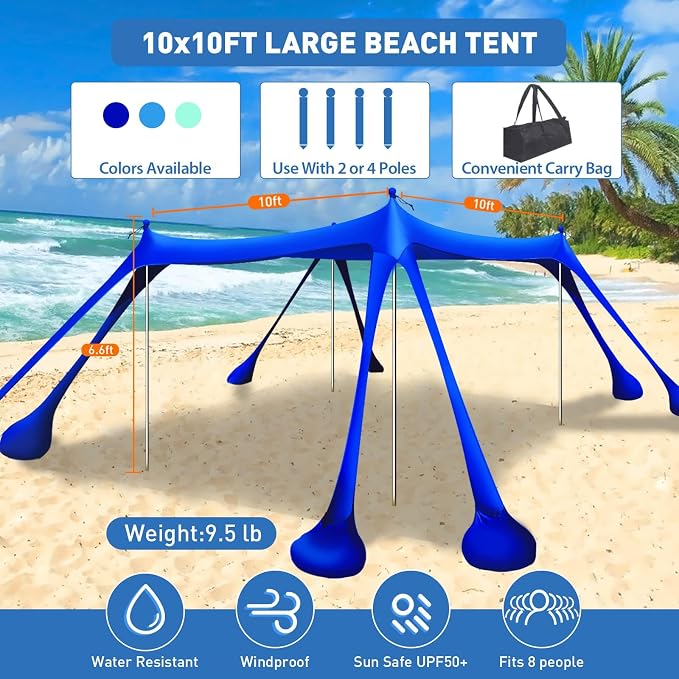Beach Tent Sun Shelter 10x10ft Beach Canopy Easy Pop Up Sun Shade Portable - Image 2