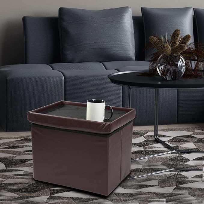 ALASDO Brown Leather Storage Ottoman Footrest Stool, Modern Style - Image 7