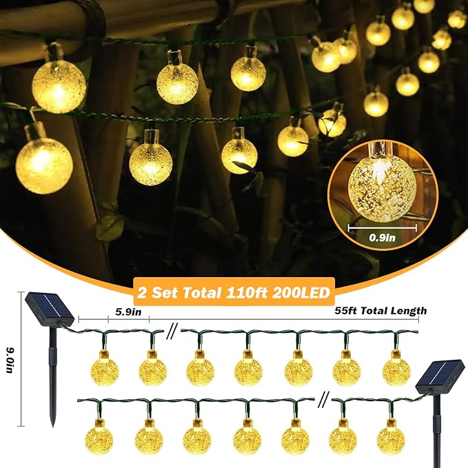 Solar Lights Outdoor Waterproof, 2 Pack Total 200LED 110FT Solar String Lights - Image 2