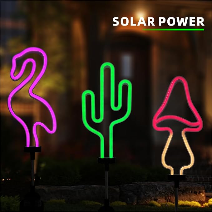 Flamingo Cactus and Mushroom Solar Garden Stake Lights Outdoor Waterproof Neon - Image 2
