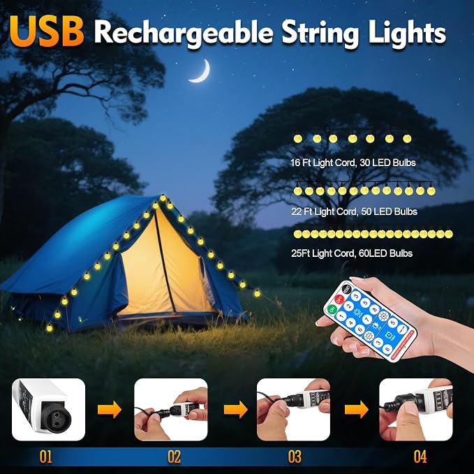 SMY Lighting 22FT Rechargeable Battery Operated 50 LED Crystal Globe String - Image 4