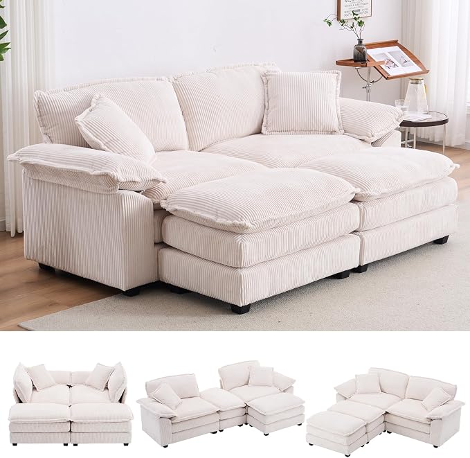 84.6” Corduroy Loveseat with Ottoman, Oversized Double Chaise Lounge Chair by ZXDesign