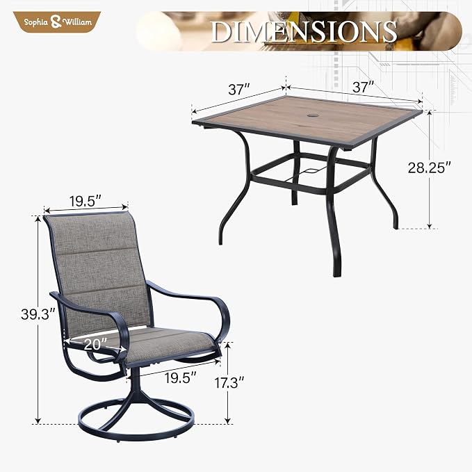Sophia & William Patio Dining Set, 1 Square Wood Like Umbrella Table 37" - Image 7