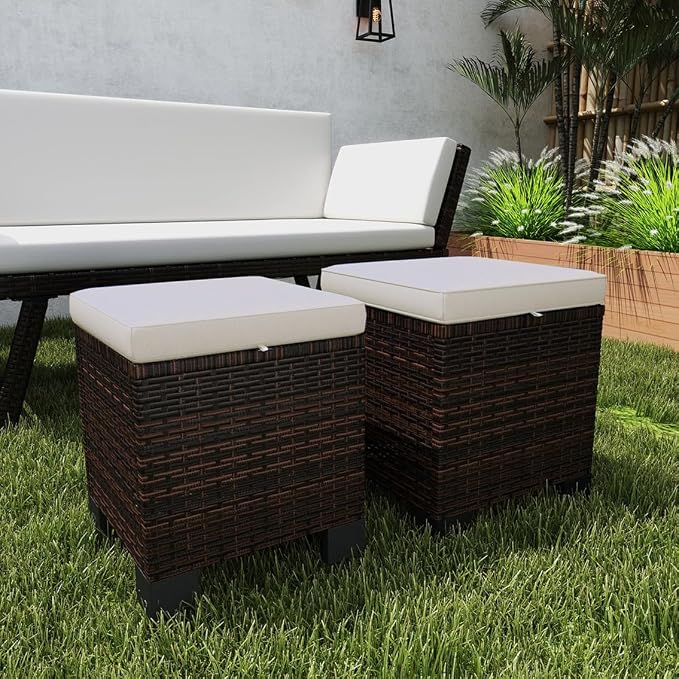 SSLine Outdoor Rattan Ottoman Set, 15.7W x 15.7D x 18.1H inches, All Weather by SSLine