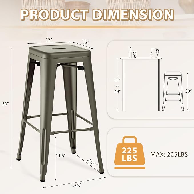 Furmax 30 Inch Metal Bar Stools Set of 4, Counter Height Backless Stools - Image 3