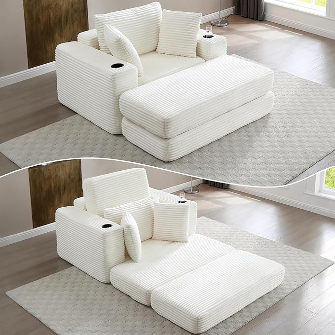 HANXIN 62" Chaise Lounge Chair Indoor, Oversized Corduroy Boneless Convertible by HANXIN
