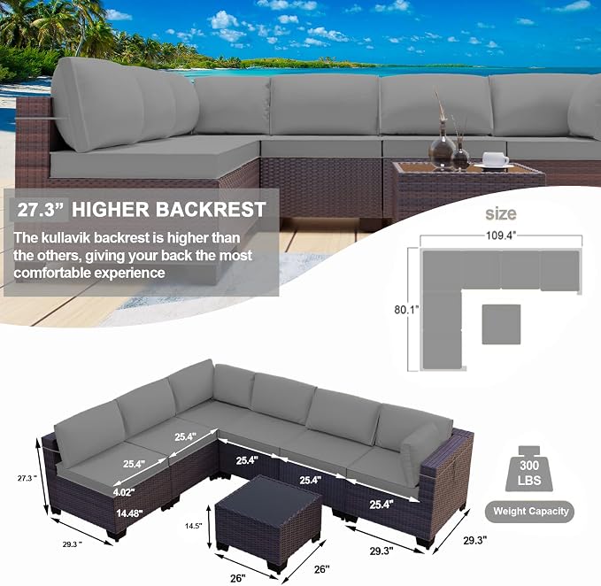 Kullavik 7 Pieces Outdoor Patio Furniture Set, Sectional Rattan Sofa Set Brown - Image 4