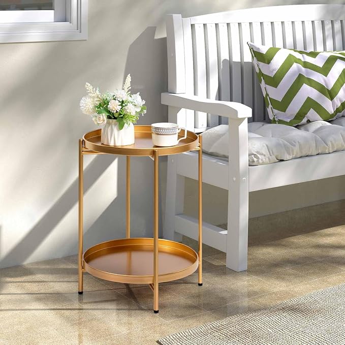 HollyHOME 2-Tier Round Gold Side Table, Outdoor Small Folding Accent Stand - Image 7