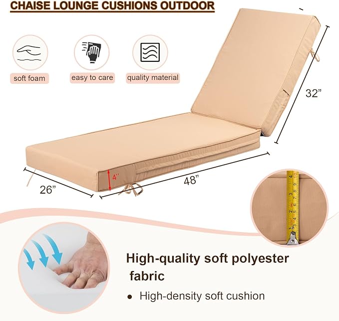 Chaise Lounge Cushions Outdoor Set of 2, Waterproof & Fade Resistant Patio - Image 4