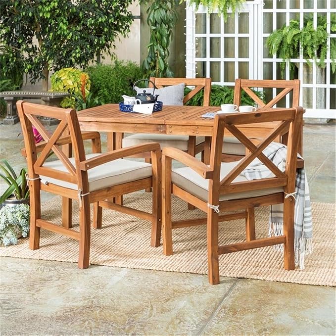 Walker Edison Delray Classic 5 Piece Acacia Wood Outdoor Dining Table and - Image 3