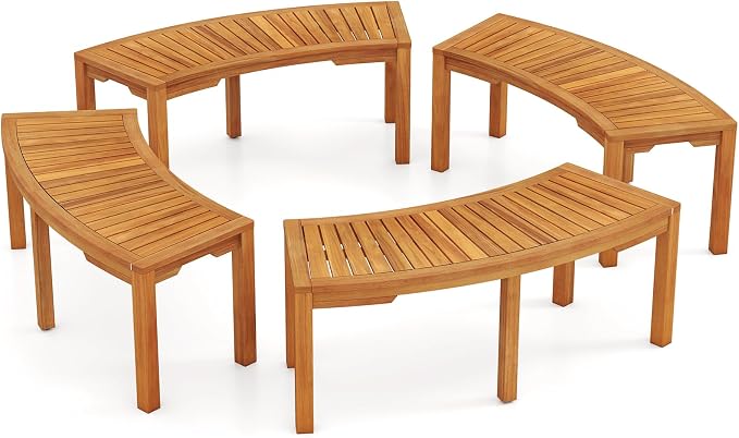 Tangkula Outdoor Curved Bench, Acacia Wood Fire Pit Bench w/Slatted Seat by TANGKULA