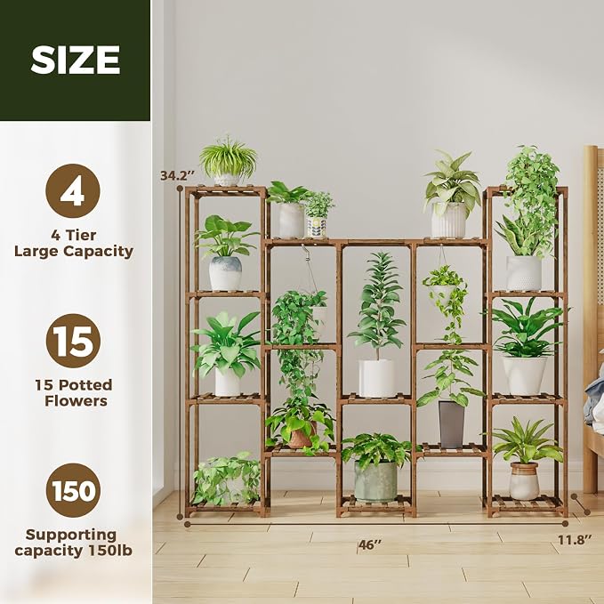 Bamworld Large Hanging Plant Stand Indoor Tall Plant Shelf Outdoor 14 Pots - Image 4