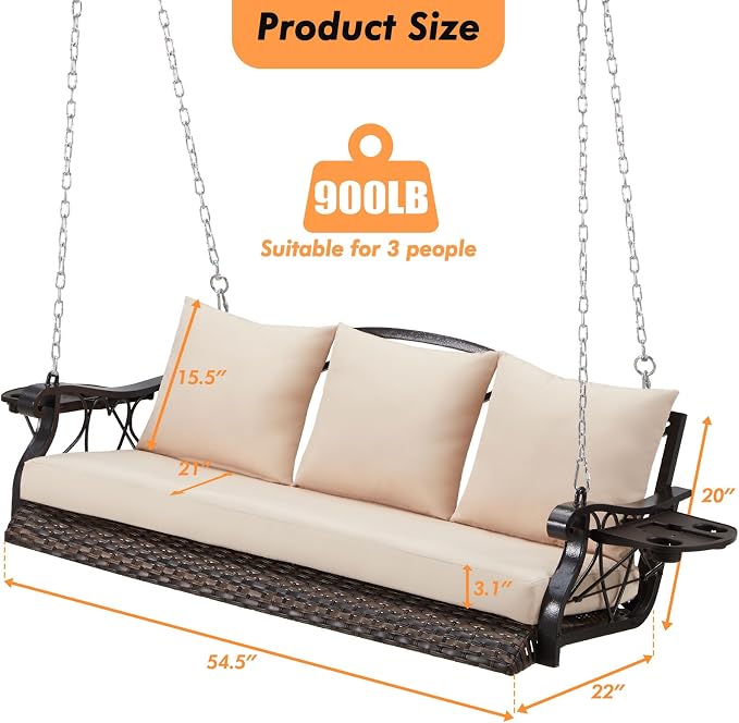 3-Person Wicker Porch Swing Chair Heavy Duty 900 LBS Outdoor Rattan Patio Swing - Image 6