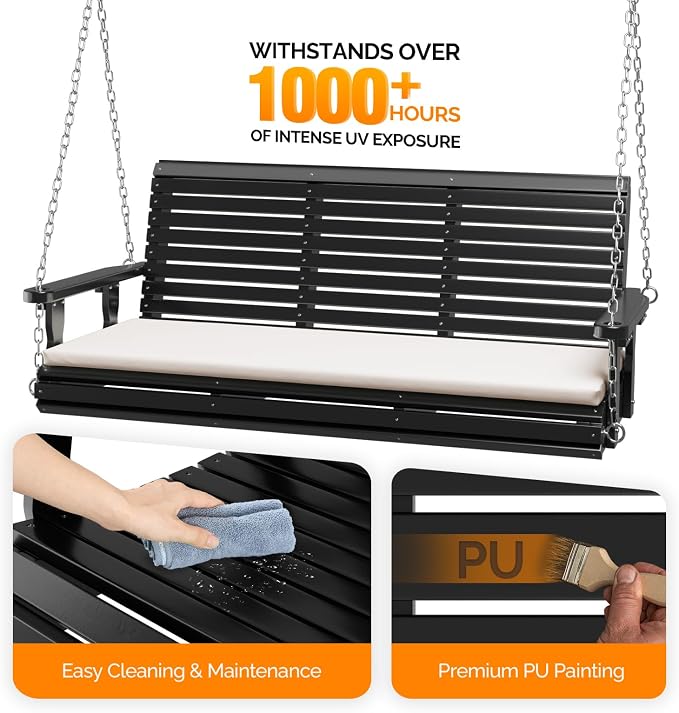 VINGLI Wooden Porch Swing, Heavy Duty 880 LBS Hanging Patio Bench - Image 2