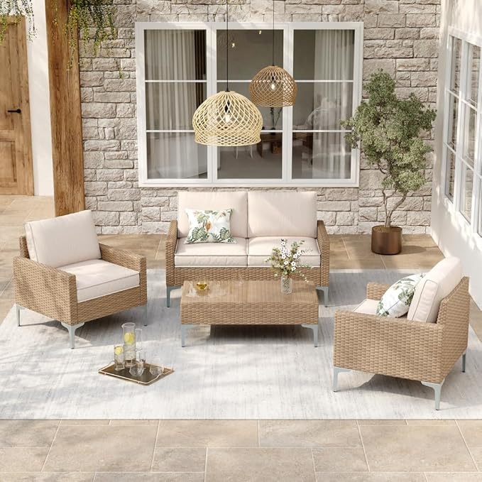4-Piece Patio Furniture Set, Outdoor Wicker Patio Conversation Set by JOYURE